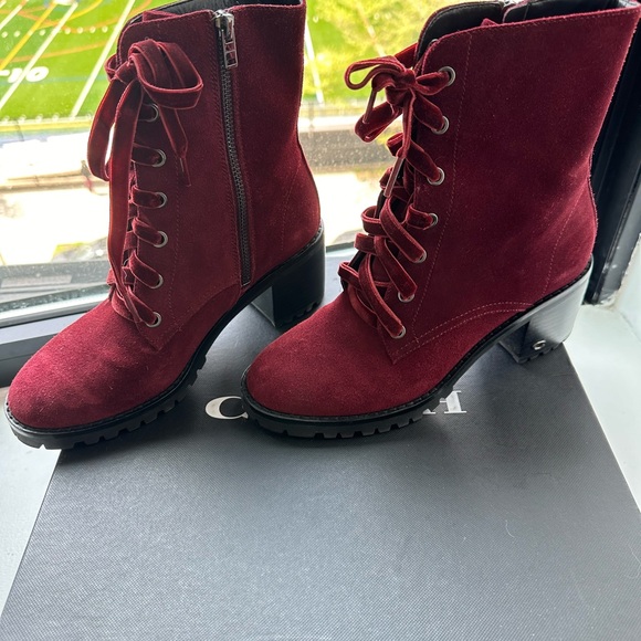 Coach Jadyn Booties Lace Up Combat Boots Suede Wine Red Sz 7 - Picture 2 of 5